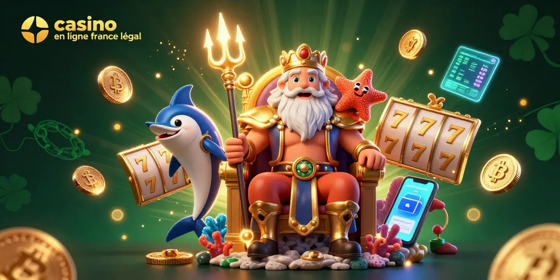 Illustration dynamique présentant le casino en ligne France légal avec Neptune, poissons et symboles d'argent.