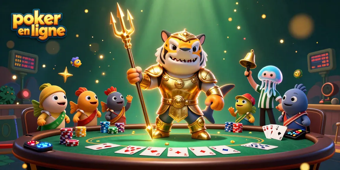 Jouez au poker en ligne et découvrez des tables vibrantes avec des jetons et un gladiateur requin.