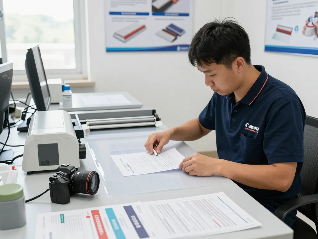 Kỹ thuật viên dịch vụ đang trình diễn dịch vụ bóc ép plastic để bảo quản tài liệu trong một môi trường chuyên nghiệp.