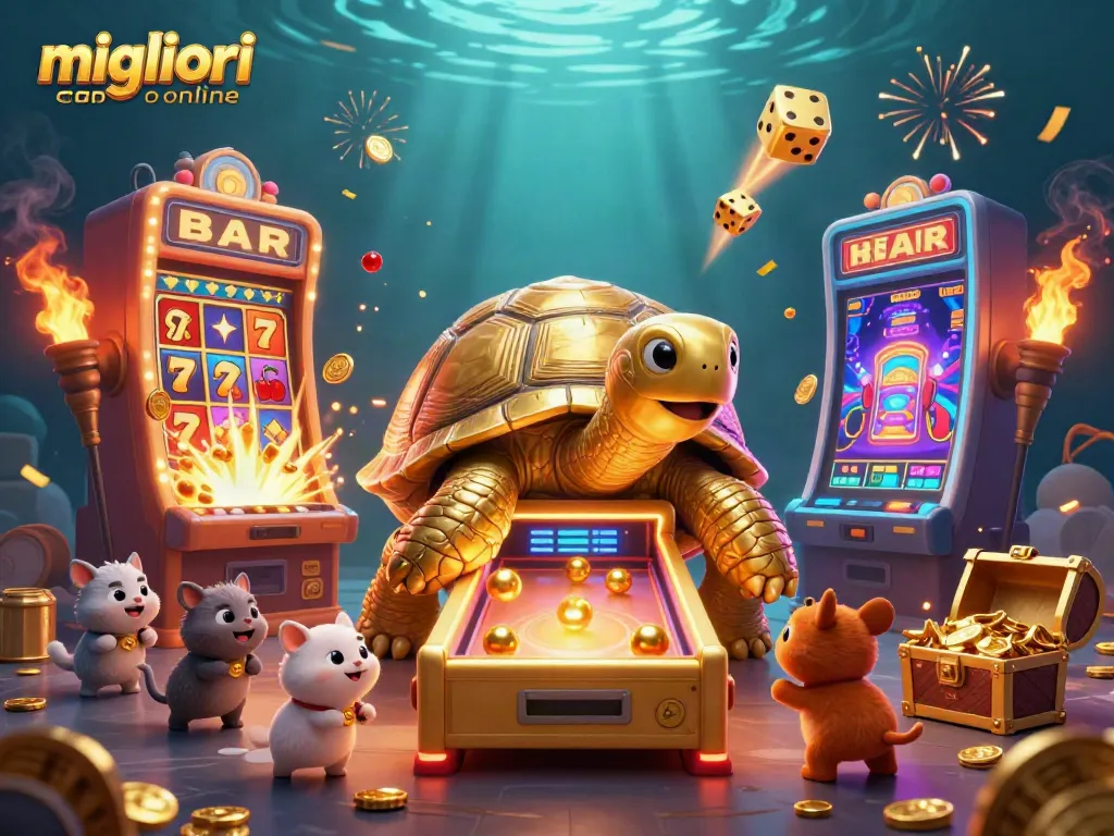 Gioca nei migliori casinò online esplorando una scena animata con una tartaruga d'oro e una slot machine esplosiva.