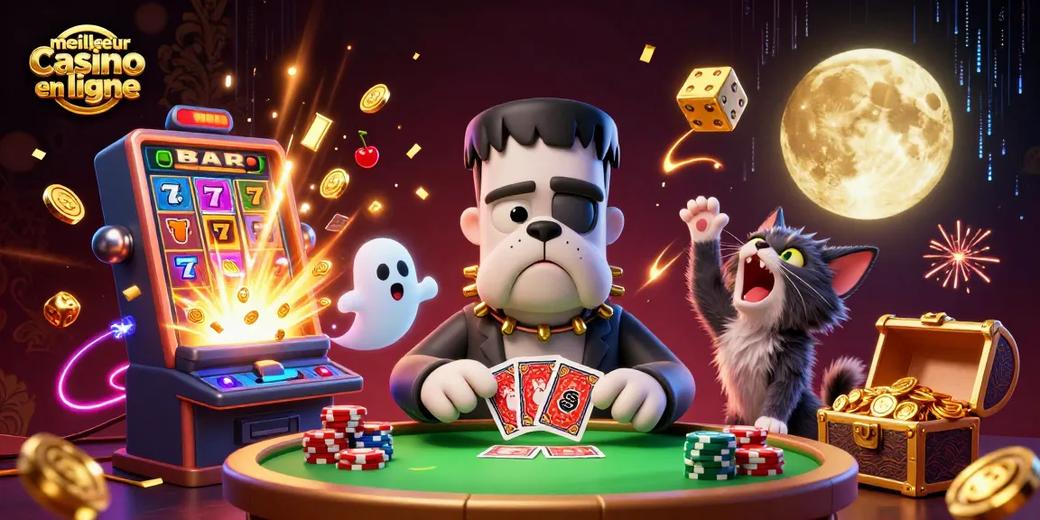Le meilleur casino en ligne avec un bulldog monstre et un chat-garou animant une table de poker pleine d'éléments captivants.