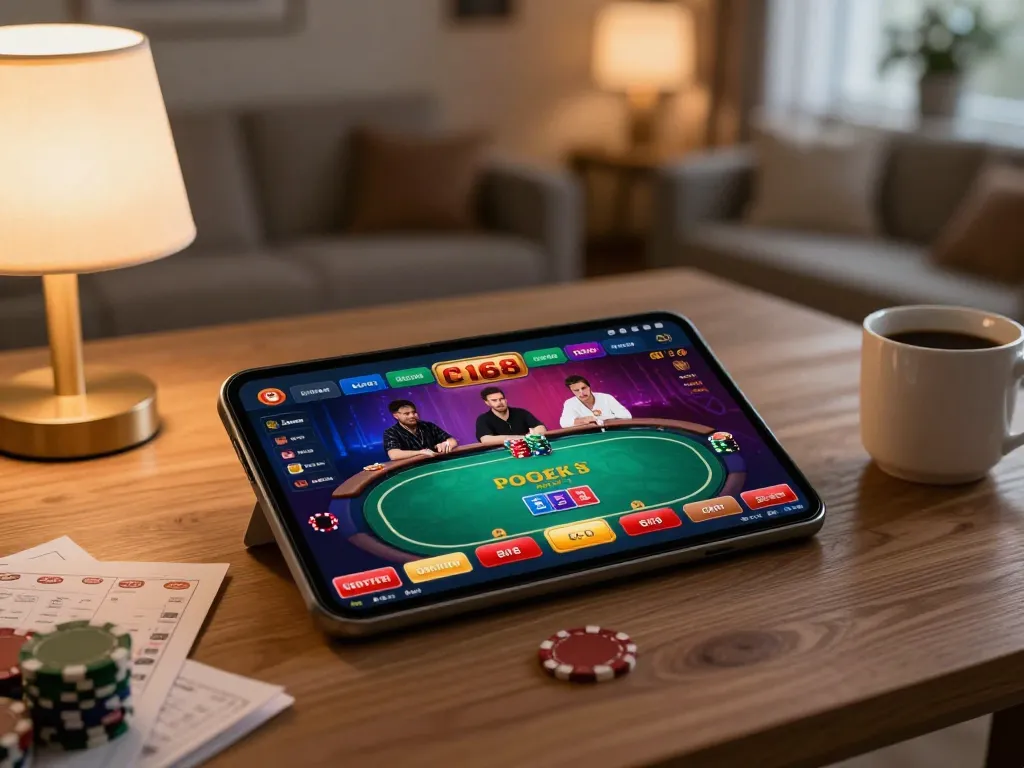 C168 mobile app showcasing an exciting poker game, perfect for online gambling strategy at home.