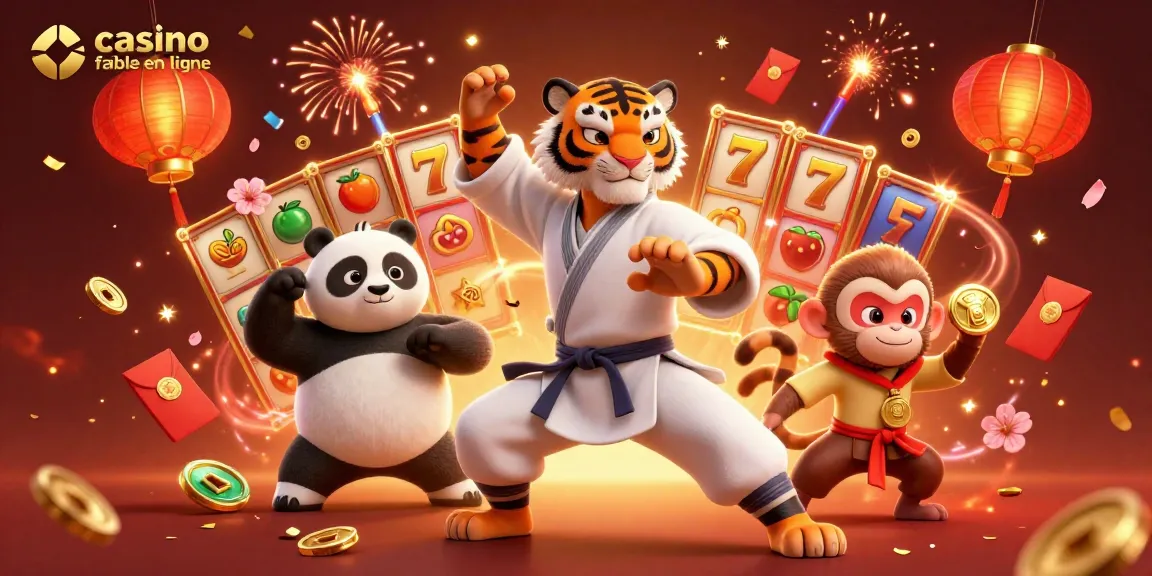 Illustration dynamique d'un casino fiable en ligne avec un maître tigre kung fu et des symboles de machine à sous.