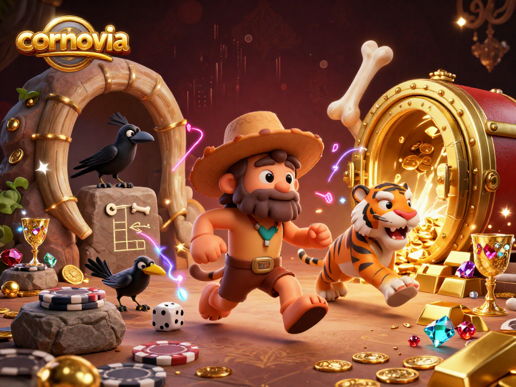 Cornovia presents a vibrant 3D illustration of a playful casino scene featuring a caveman and saber-tooth tiger with dynamic treasure and gaming elements.