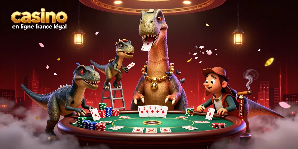 Illustration de casino en ligne France légal montrant un jeu de poker avec un diplodocus et un raptor.