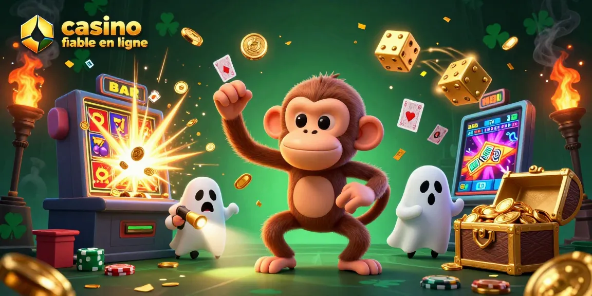 Une scène dynamique de jeux avec un singe poltergeist et un chiot chasseur de fantômes, représentant casino fiable en ligne.