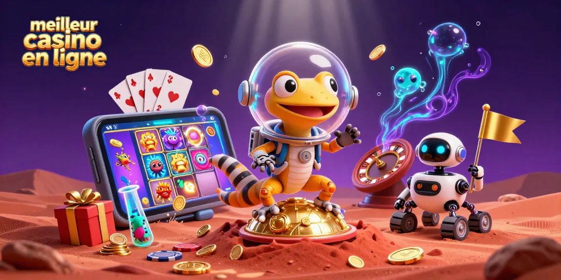 Illustration 3D d'un gecko martien découvrant un meilleur casino en ligne entouré de jeux et de pièces d'or.
