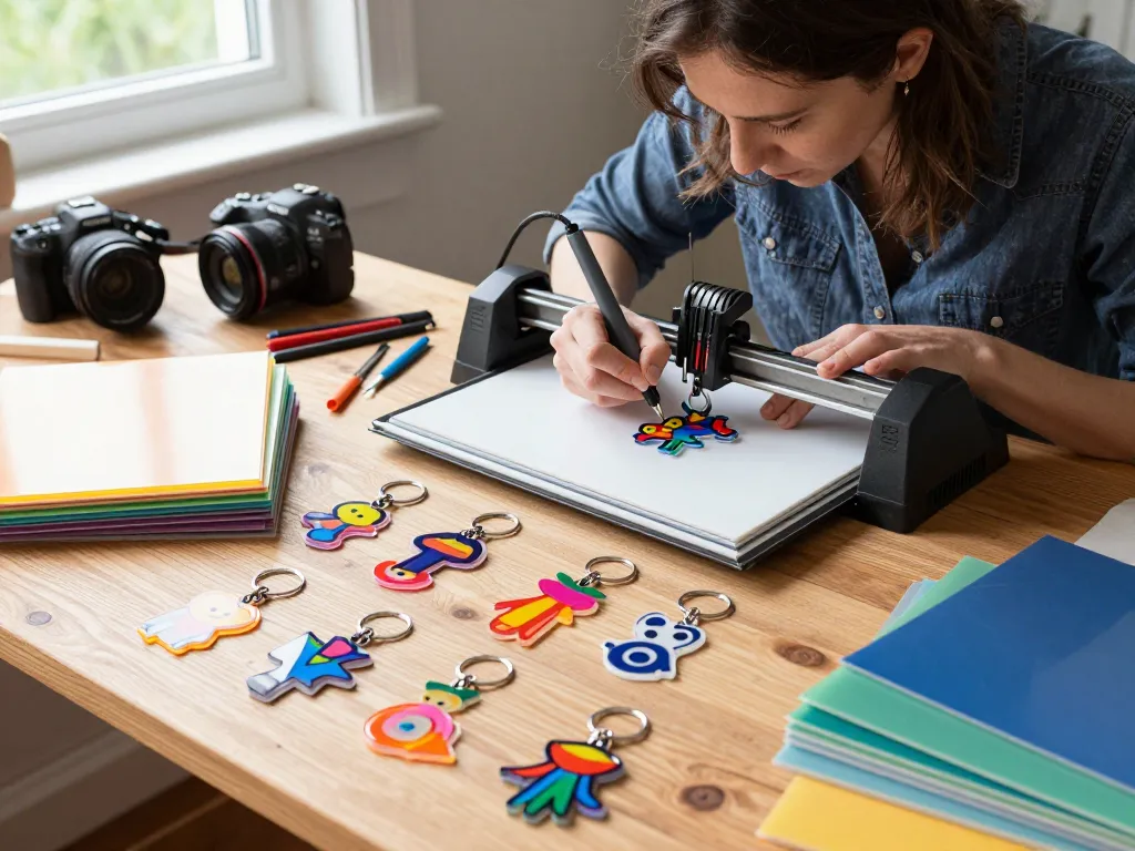 Custom acrylic keychains being crafted with colorful designs, showcasing a creative workspace atmosphere.