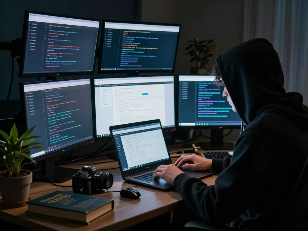 Exploring the hidden wiki in a dark web room, featuring a person using a laptop with .onion sites and cryptographic tools.