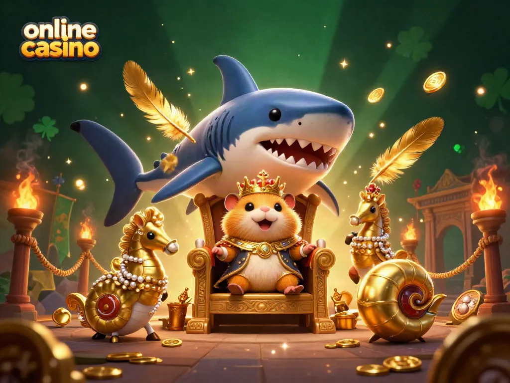 Juega en un casino online donde el rey hámster dorado se sienta en un trono de diente de tiburón mientras los guardias caballitos de mar lo protegen.