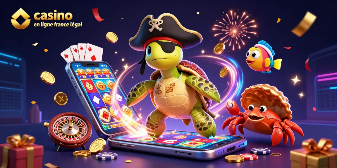 Casino en ligne France légal : découvrez une scène animée avec un pirate, une tortue et des trésors flottants.