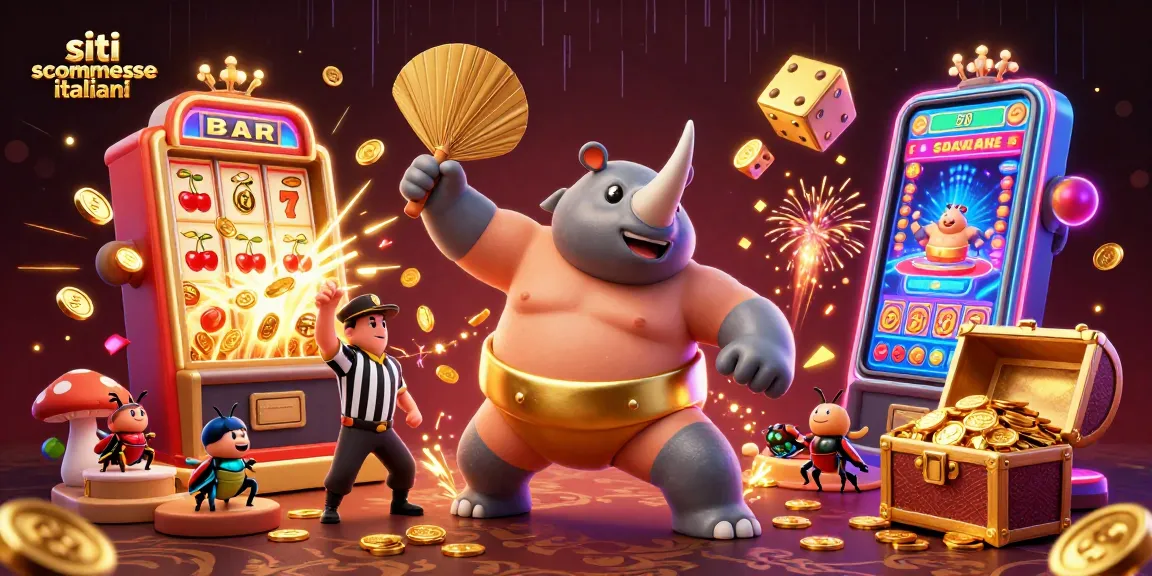 Siti scommesse italiani: divertirsi scommettendo con una scena vivace e ricca di energia con un rinoceronte giapponese e simboli del casinò.
