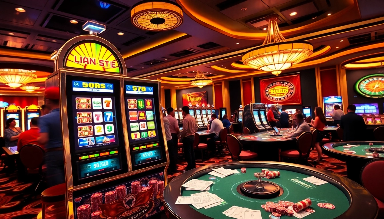 Memikat pemain menjelajahi mesin slot Depo 5rb dalam suasana kasino yang hidup.