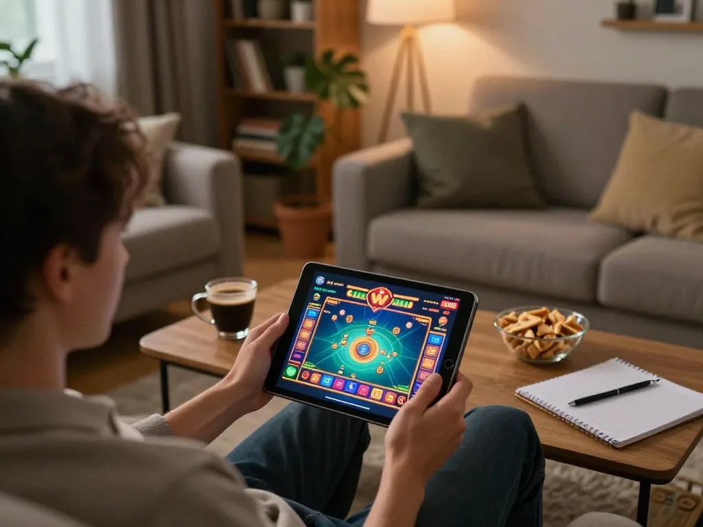 Player engaged in c168 online casino gaming, enjoying a cozy home atmosphere with strategy notes.
