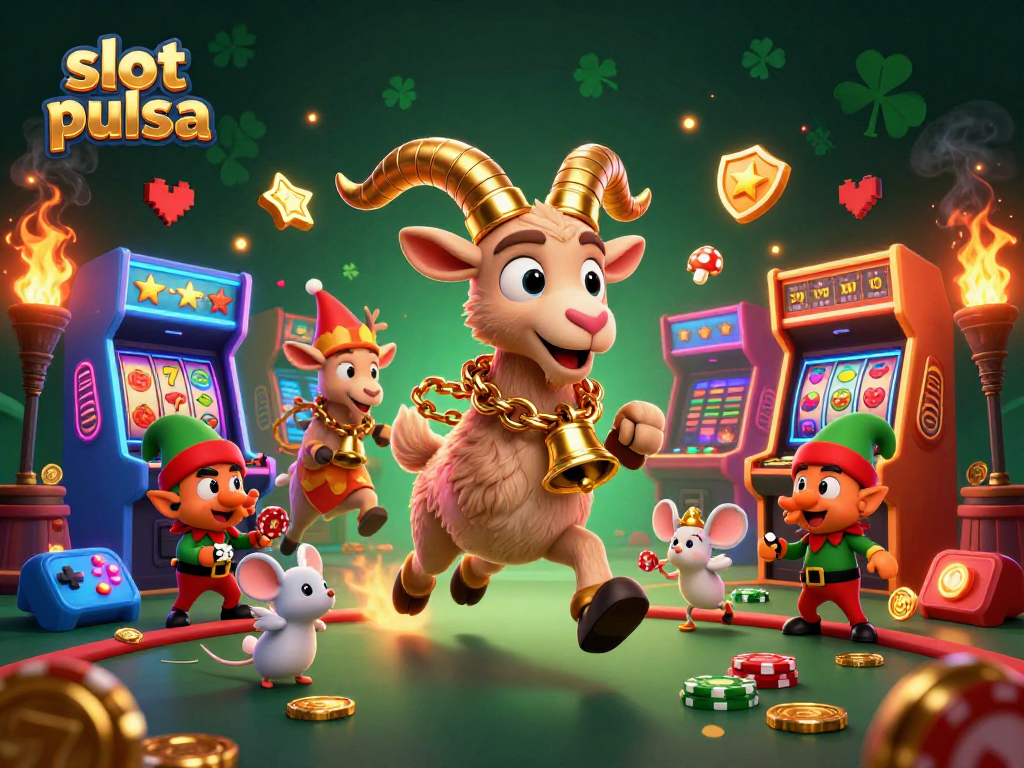 Permainan slot pulsa dengan karakter menarik dalam suasana kasino yang meriah dan menegangkan.