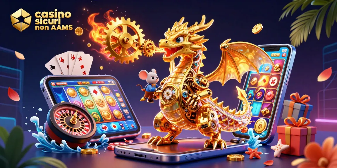 Giocare nei casino sicuri non AAMS con un drago meccanico e giochi d'azzardo colorati.