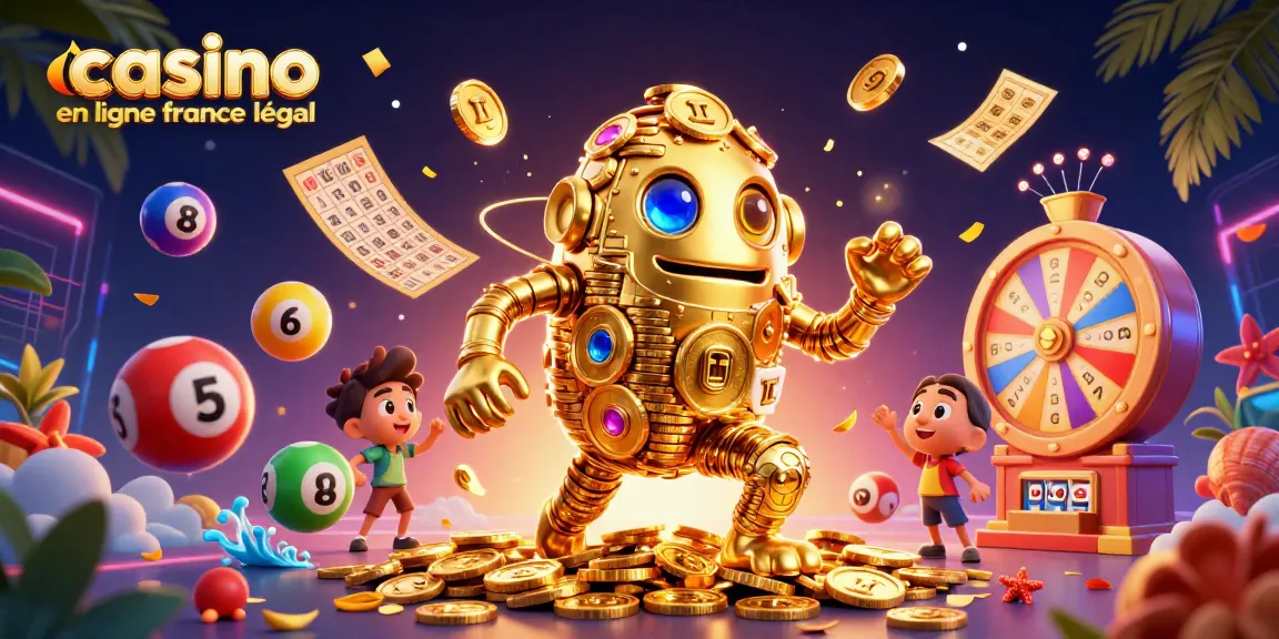 Gagnez avec le casino en ligne légal en France sur un golem d'or animé entouré de loteries colorées.
