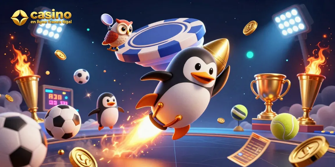 Les jeux dans un casino en ligne France légal sont magnifiés par un pingouin doré en fusée et des éléments sportifs.