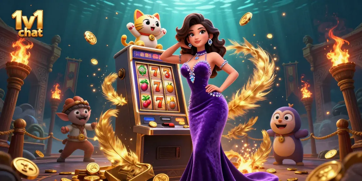 Engage in a lively 1v1 chat with an animated scene showcasing a glamorous woman and a fortune cat at a jackpot slot machine.