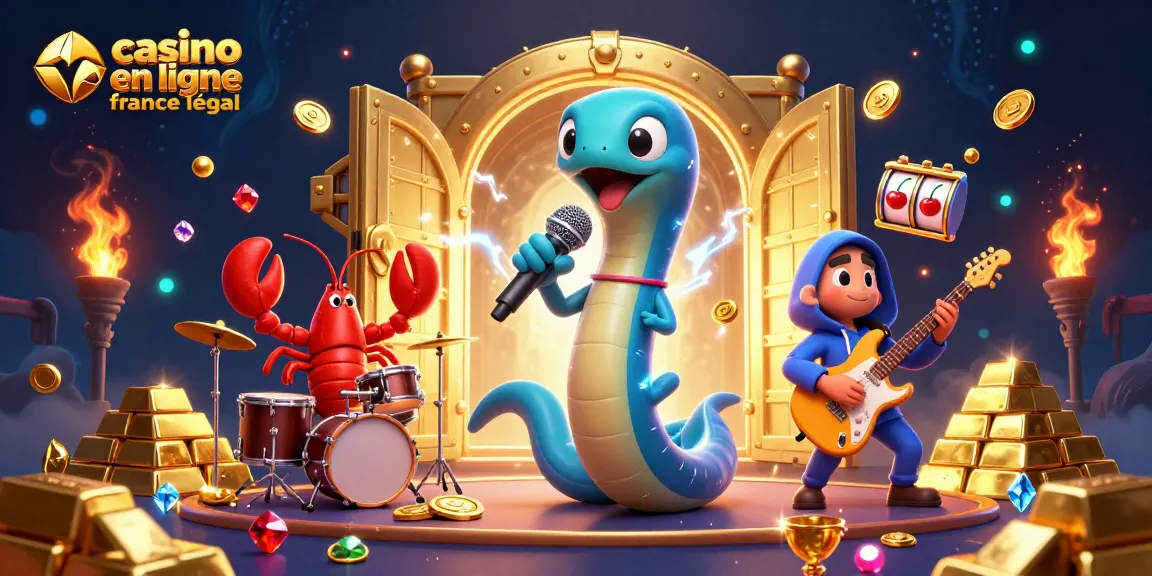 Illustration captivante d'un casino en ligne France légal avec une anguille DJ animée, des trésors étincelants et des animaux marins musicalement engagés.