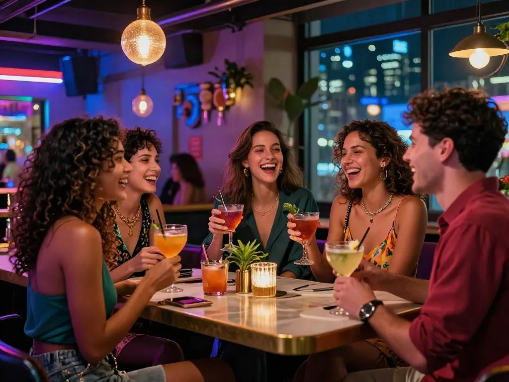 Group enjoying a vibrant night out, showcasing trendy outfits and lively bar atmosphere related to lia engel porn.