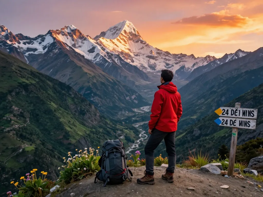 Annapurna Circuit trekker at sunset overlooking majestic peaks and valleys.