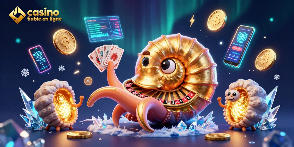 Découvrez un casino fiable en ligne avec un nautilus géant et des éléments de crypto-monnaies dans un décor captivant.
