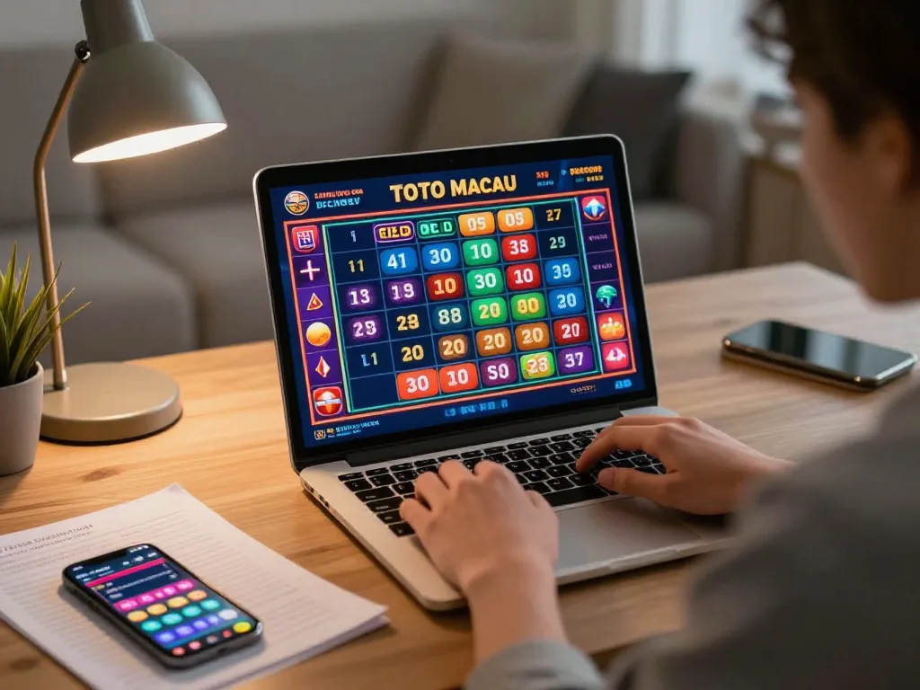 Saat bermain game online yang menarik menunjukkan hasil undian Toto Macau di laptop.