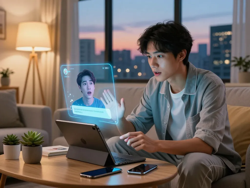 Engaging ai chat porn experience with user and virtual character in a cozy tech-savvy setting.