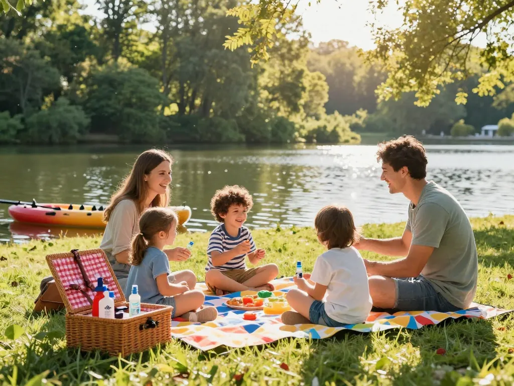 Family enjoying a picnic by the lake with mosquito repellent for protection.