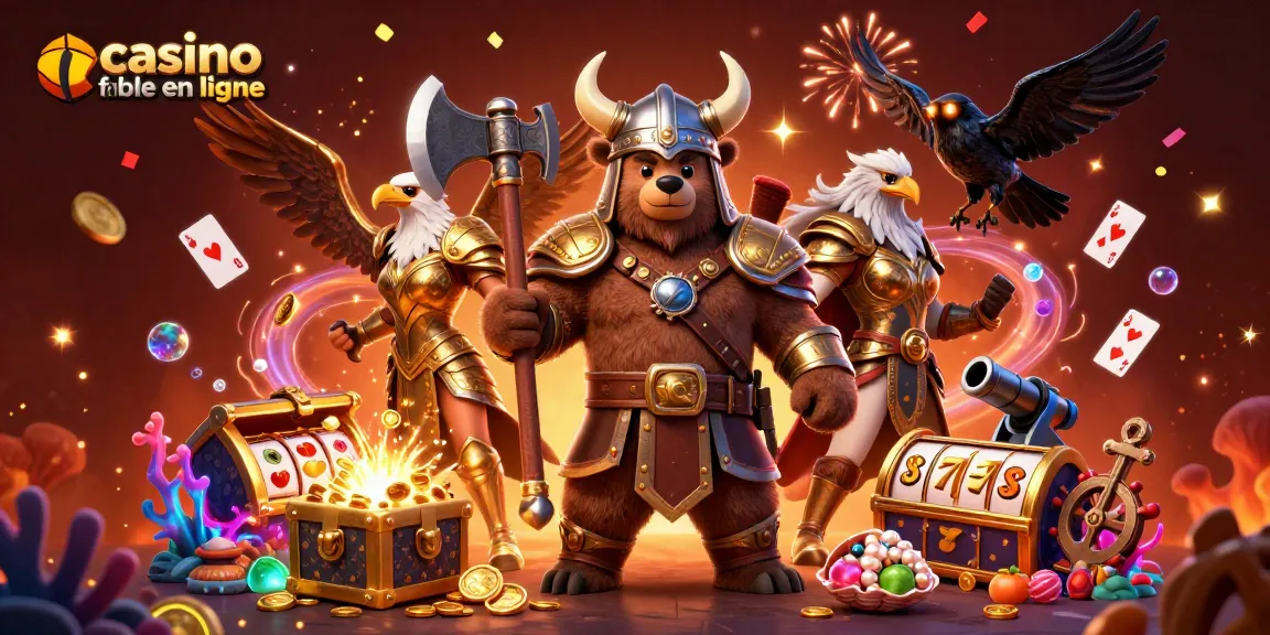 Illustration dynamique représentant un casino fiable en ligne avec un ours viking et une aigle valkyrie, entourés de trésors et de symboles de machines à sous.