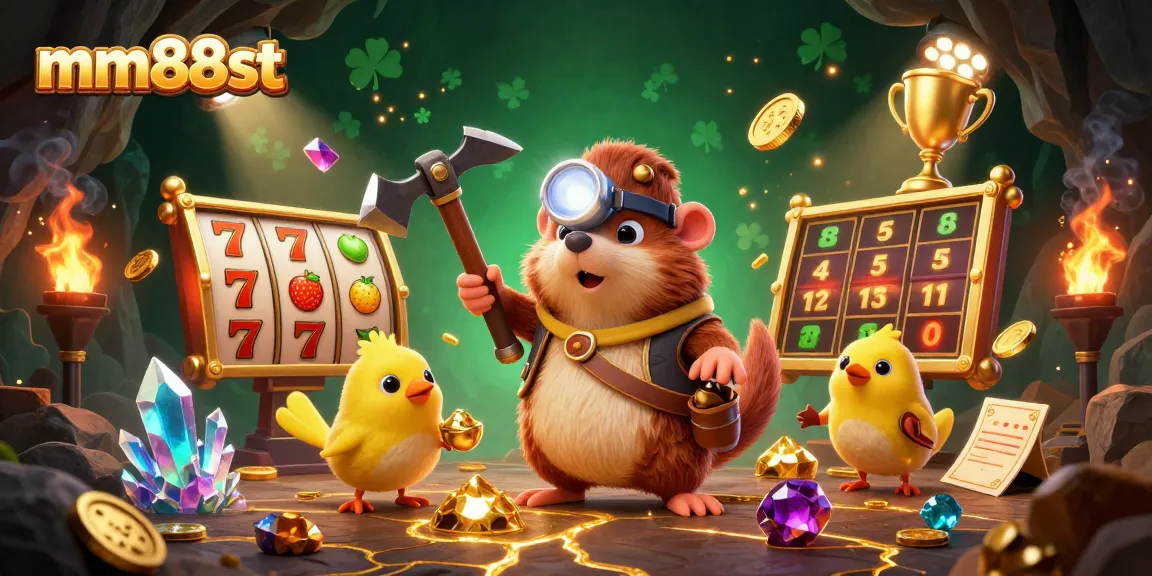 Play exciting slots at mm88st while enjoying a vibrant treasure hunting adventure in a dynamic casino scene.