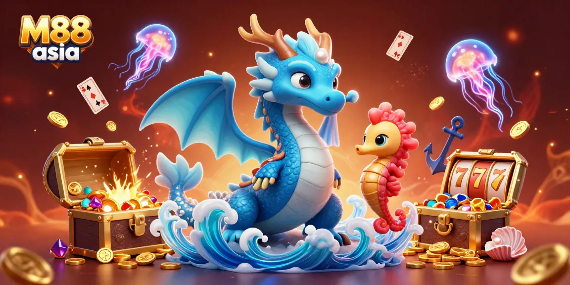 Win big with M88 asia featuring a dynamic scene with a dragon, seahorse, and glowing jellyfish