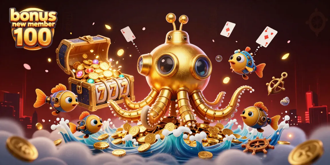 Engage with the bonus new member 100 rewards in a vibrant casino-themed illustration with dynamic elements.