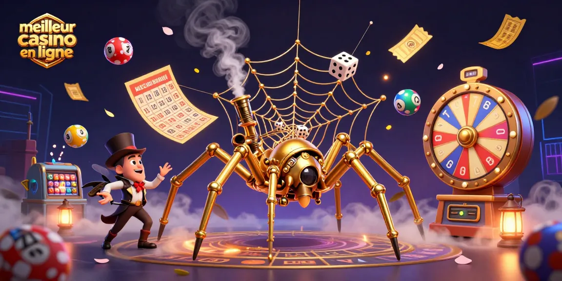 Visualisez le meilleur casino en ligne avec une araignée dorée capturant des dés malchanceux dans un décor dynamique.