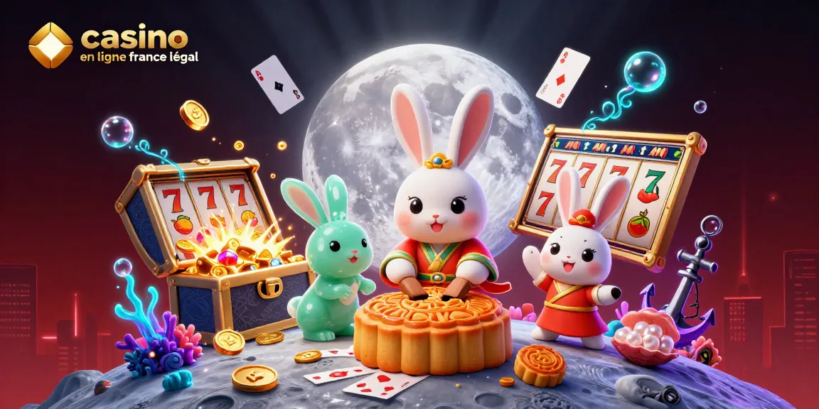 Casino en ligne France légal : Illustration d'un lapin lunaire jouant aux machines à sous et découvrant des jetons.