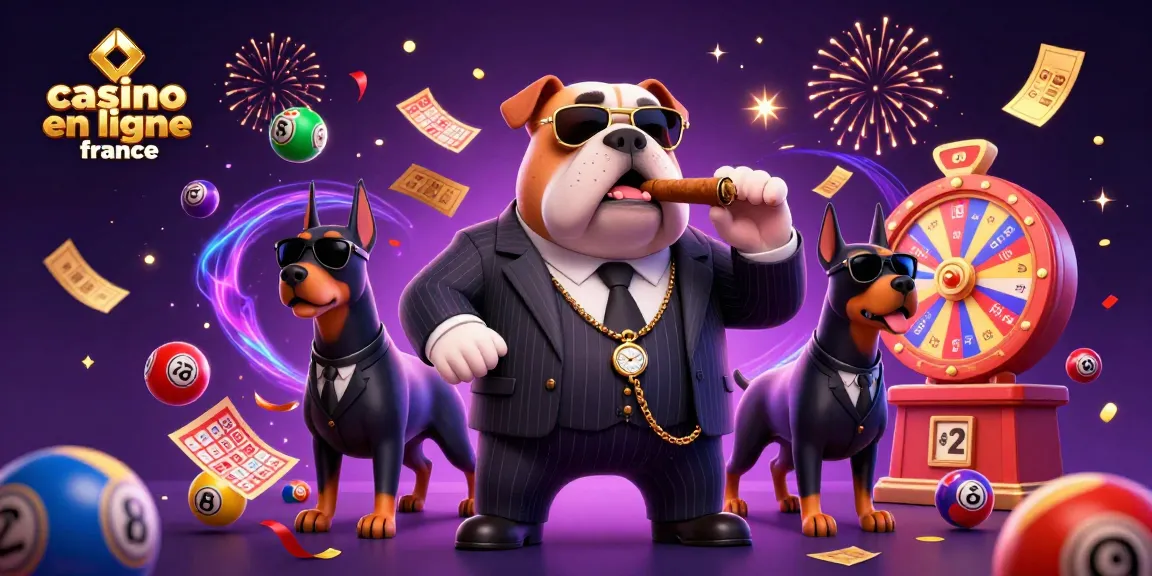 Illustration dynamique de casino en ligne France avec bulldog mafia, boules de loterie, et éléments festifs.
