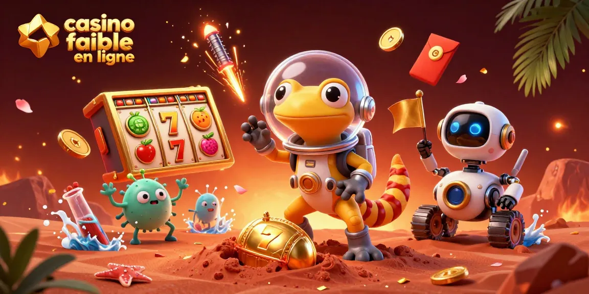 Profitez d'une scène dynamique représentant un casino fiable en ligne avec un gecko martien et un robot.
