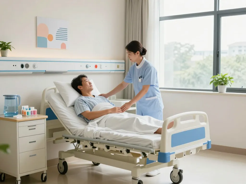 giường bệnh nhân in a modern hospital room with nurse adjusting the bed for patient comfort