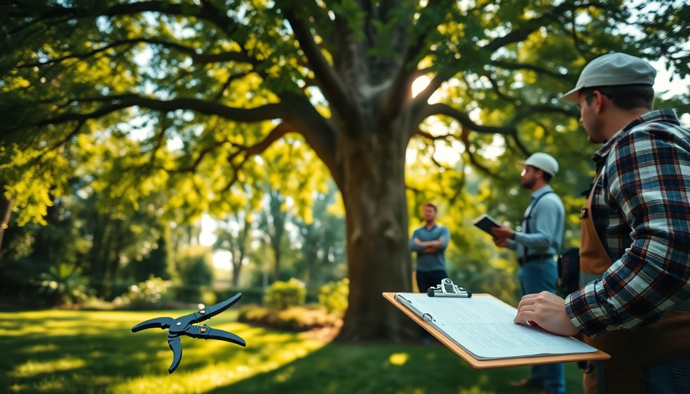 Black Mountain Tree Consultancy team assessing a healthy tree in a lush garden.