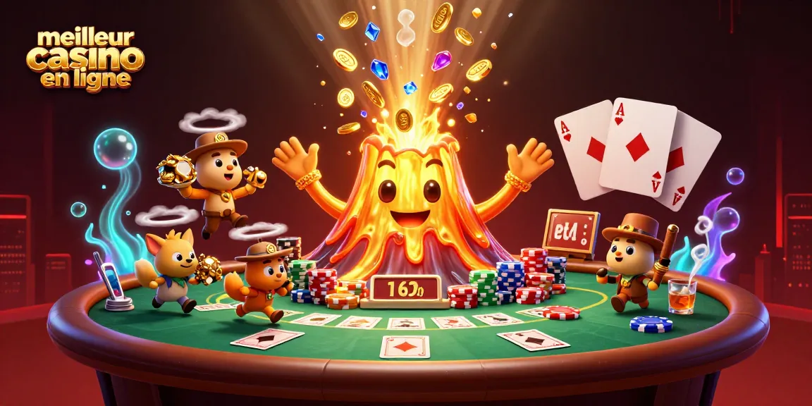 Plongez dans l'univers du meilleur casino en ligne où un volcan doré exprime la victoire, entouré de trésors et de jeux de cartes.
