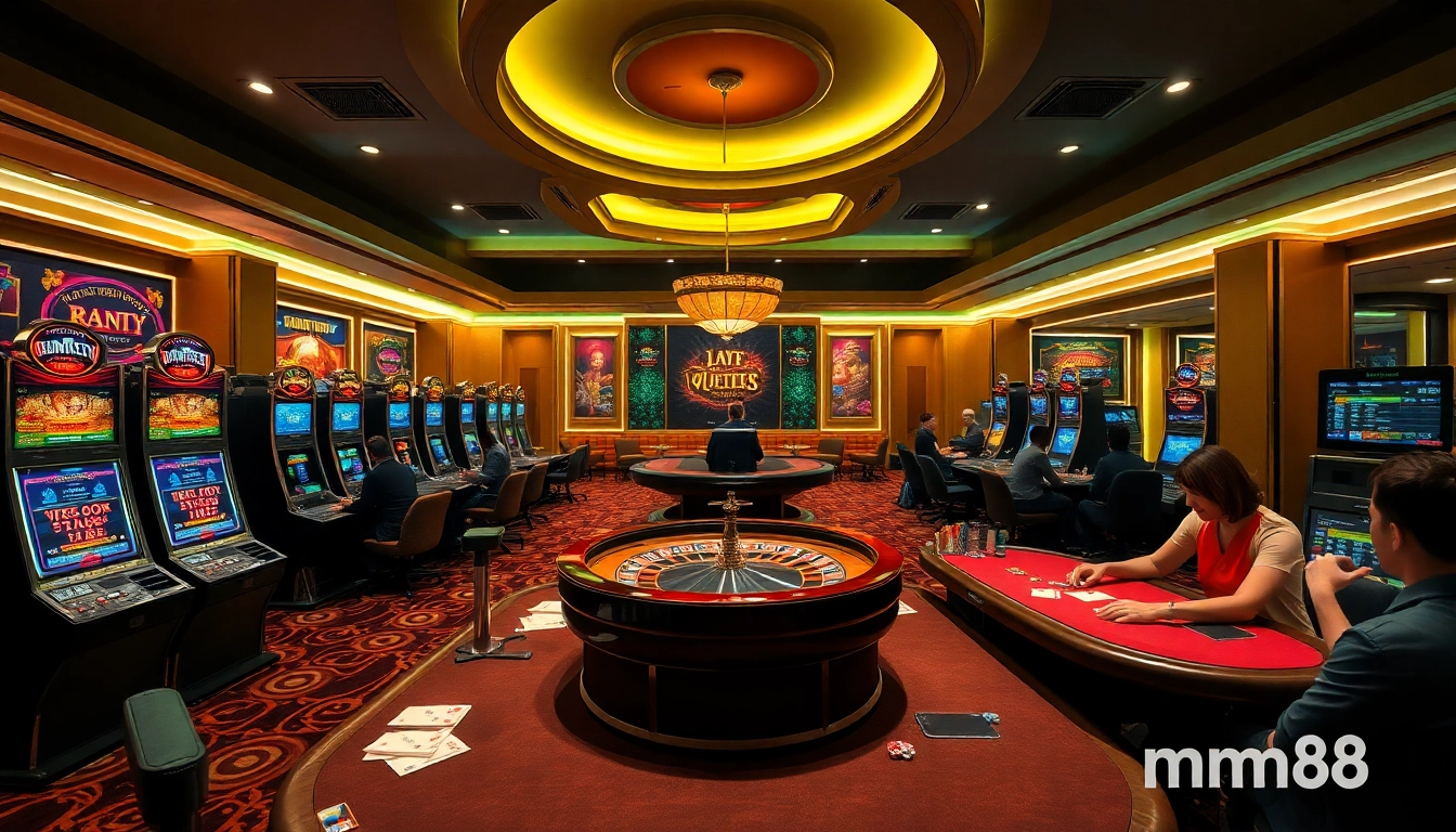 Engaging players at mm88 show excitement while placing bets on poker tables in a luxurious casino.