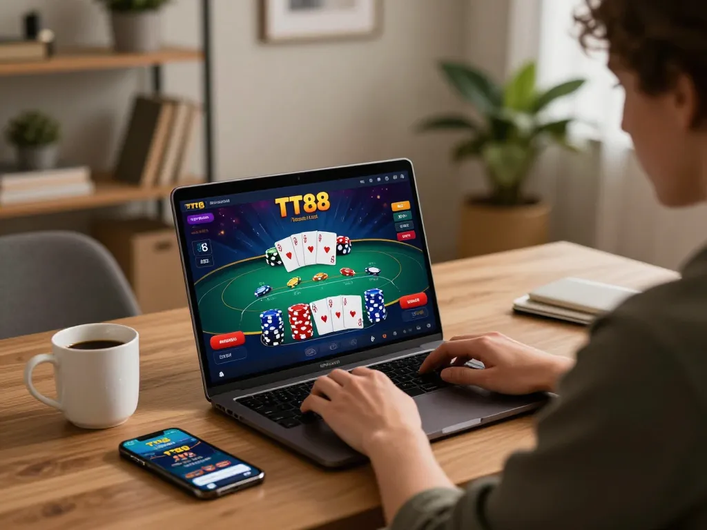 Play poker on TT88 trang chủ with vibrant gameplay interface and cozy home setup.