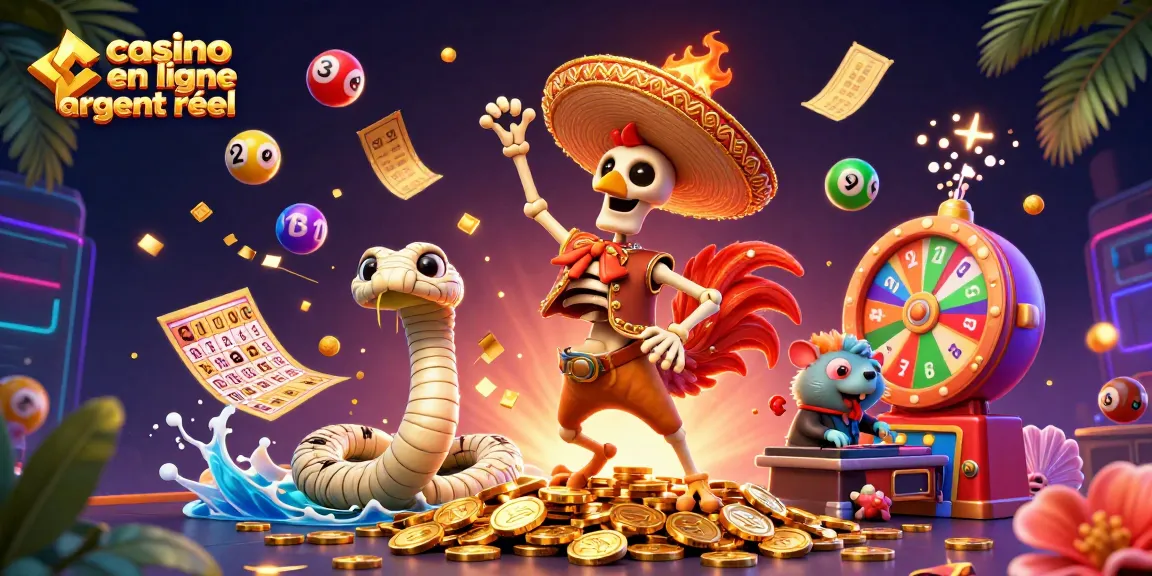 Jeux de casino en ligne argent réel avec un personnage dynamique dans une scène riche de couleurs et éléments.