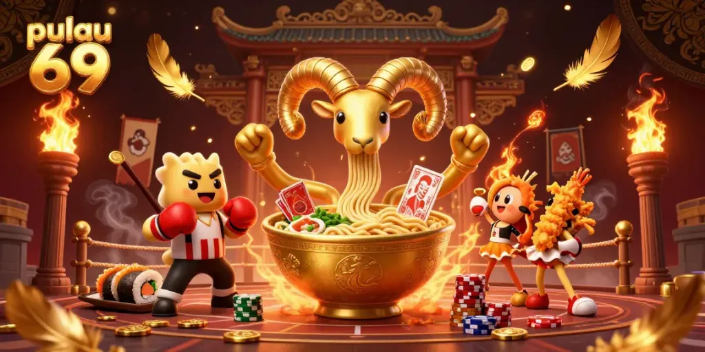 Engage in exciting games at pulau 69 with vibrant casino characters surrounding jackpot symbols.