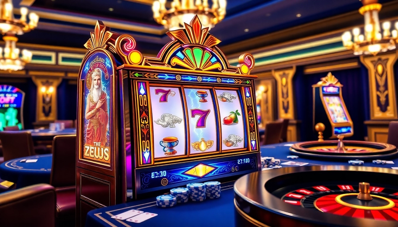 Berinteraksi dengan Slot Zeus di kasino mewah yang menampilkan mesin slot bertema mitologi Yunani.