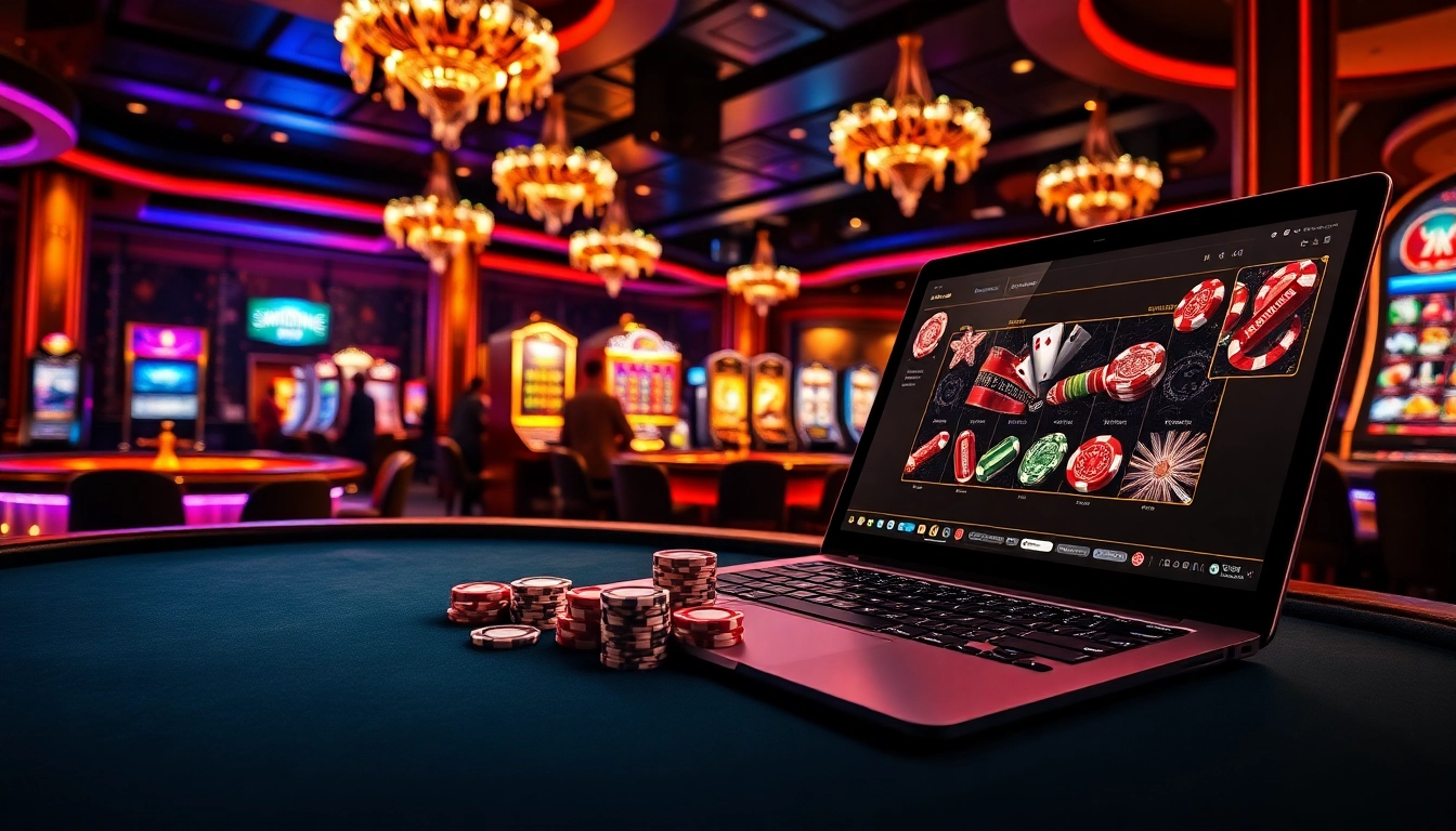 Une scène animée de casino en ligne 2026 mettant en vedette des tables de poker vibrantes, des roues de roulette et des joueurs excités.
