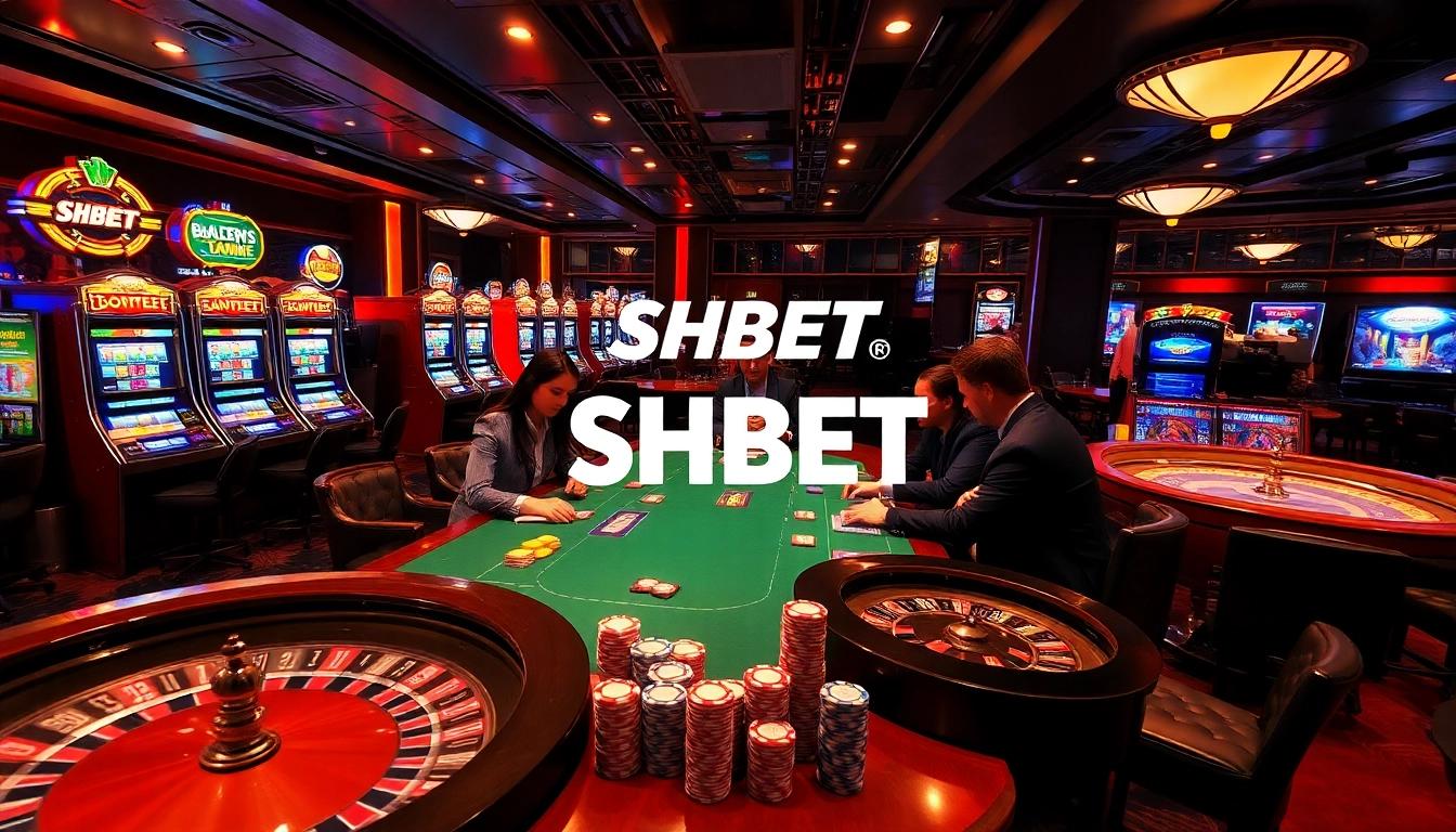 SHBET logo highlighted in a luxurious casino environment, showcasing thrilling poker and vibrant slot machines.