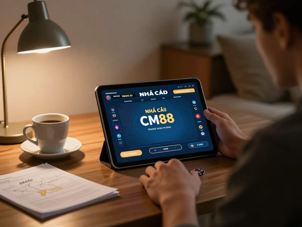 Player engaged in NHÀ CÁI CM88 poker game on tablet at home with cozy lighting.
