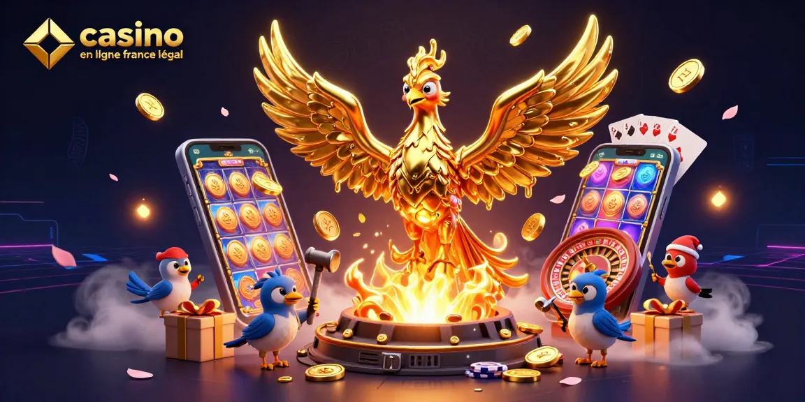 Jouez au casino en ligne France légal avec des pièces d'or tombant d'un phénix en métal fondu.